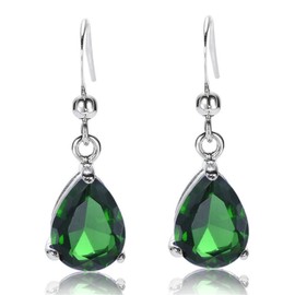 [RIZILIA TEARDROP] Dangle Pierced Earrings with Pear Cut Gemstones CZ [Green Emerald] in 18K White Gold Plated, Simple Modern Elegance