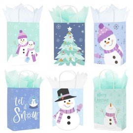 JarThenaAMCS 24Pcs Christmas Paper Gift Bags with 30 Sheet Tissue Paper Xmas Tree Snowman Treat Bags with Handles Candy Goodie Bags for Winter Birthday Party Favor Supplies