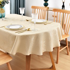 Wolkemer Shiny Small Oval Jacquard Tablecloth 52 x 70 Inch Beige Floral Countryside Leaves Damask Patterns Table Cloth Glossy Fabric Table Cover for Dinner Kitchen