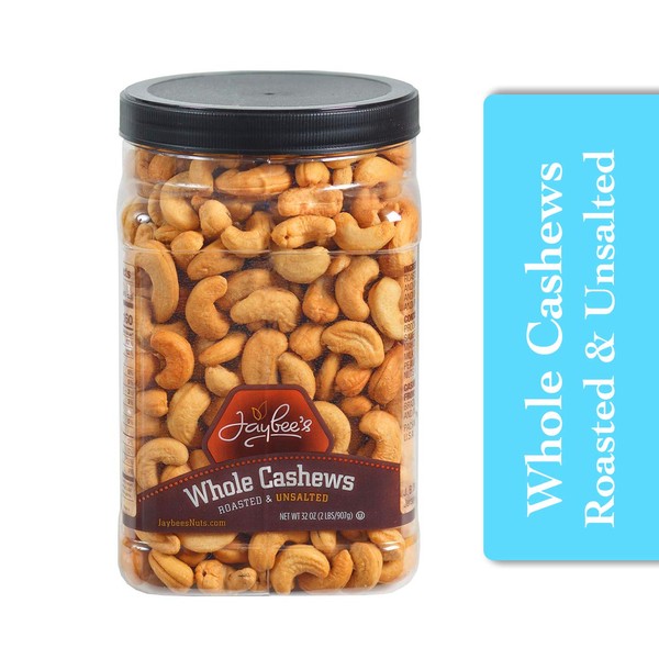 Jaybee's Unsalted Cashews Extra Large - Freshly Roasted - Great Healthy Snack or Gift Giving- Reusable Container - Certified Kosher - Vegan, Gluten-free, & Keto Friendly Snack (32 Ounces)