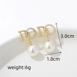 Huacan Women's Stud Earrings with Pearl Pendant Letters Inlaid Zircon Design Ear Studs Gold Colour Luxurious Earrings for Women Girls Fashion Jewellery Perfect for Everyday Engagement and Party, Zinc