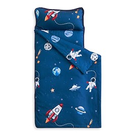 Wake In Cloud - Nap Mat with Removable Pillow for Kids Toddler Boys Girls Daycare Preschool Kindergarten Sleeping Bag, Rockets Space Planet Astronauts on Navy Blue, 100% Soft Microfiber