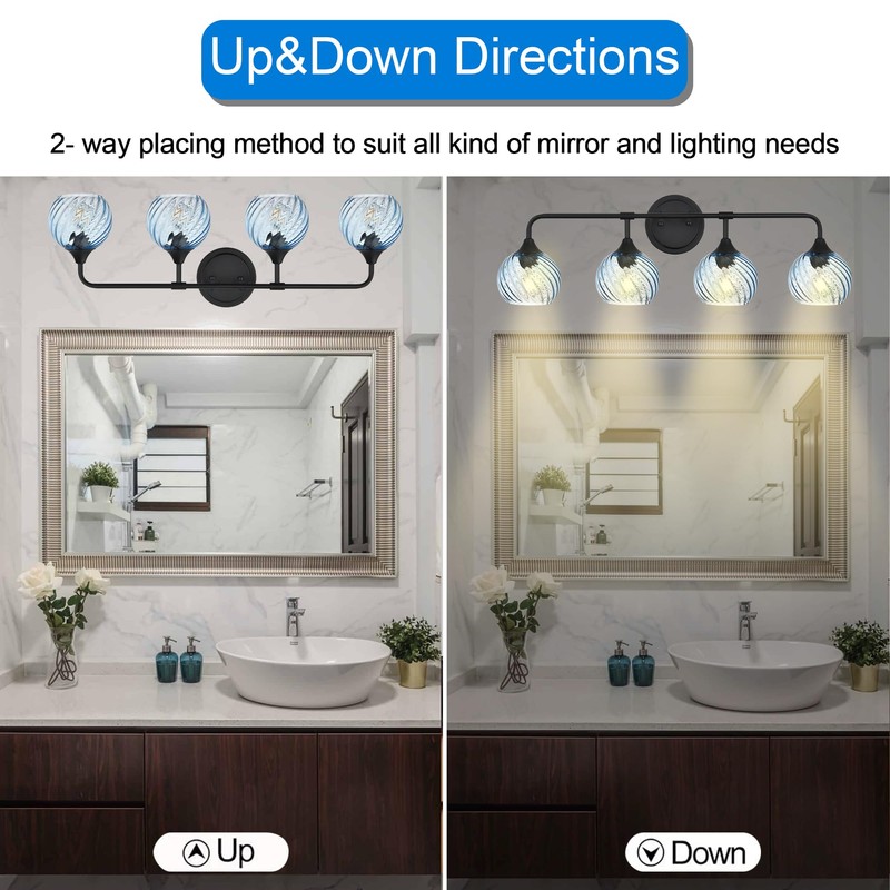MELUCEE Bathroom Light Fixtures Black Vanity Light with Blue Striped