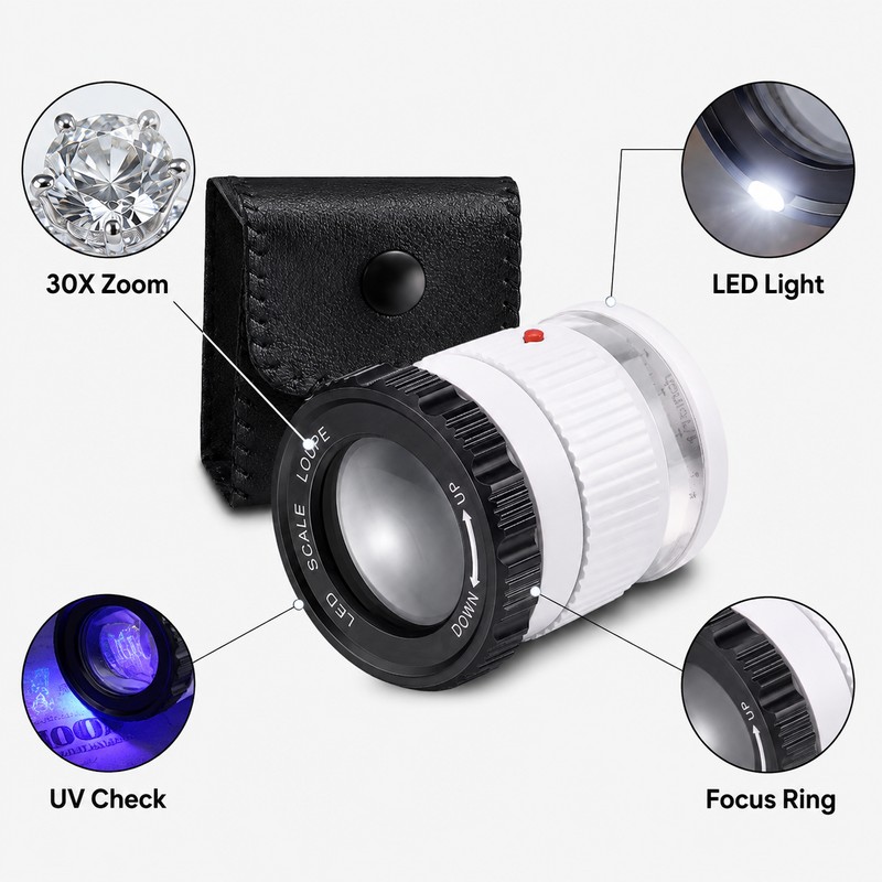 30X Pocket Magnifier with LED Light – Adjustable Focus Loupe
