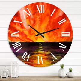 Designart 'Bright Red Sunset Over Ocean' Modern wall clock - 36 in. high, 36 In. Wide
