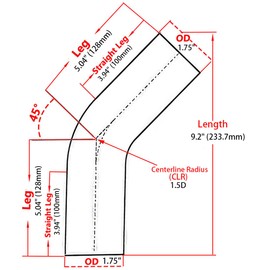 KOTVTM 1.75"(45mm) OD, Leg Length 4" (100mm), 45 Degree Bend Elbow 1.75 Inch 6061 Aluminum Pipe Tube Intercooler Pipe Tight Radius Air Intake Tube High Polishing Treatment