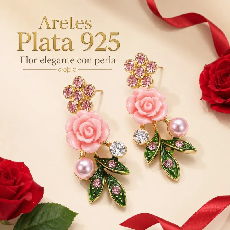Aretes Plata 925 Oro 14k Rosa Flor Perla Zirconia Mujer