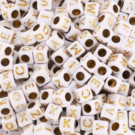 1300Pcs 26 Styles Plating Acrylic Beads White with Gold Letters Cube Beads Square Alphabet Letter A-Z Beads for Bracelets Necklaces Jewelry Making (White with Gold Letters, 5.5~6mm)