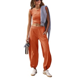 Seetaa Womens 2 Piece Sweatsuits Sets Casual Workout Cropped Tee Top High Rise Sweatpants Athletic Tracksuits(Rust-Small)