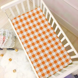 Pfrewn Fall Autumn Crib Sheets for Boys Girls Orange and White Plaid Fitted Crib Sheet Fits Standard Crib Mattress Pads Stretch Soft Toddler Baby Sheet, 52x28x9IN