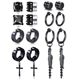Ofeiyaa 7 Pairs Magnetic Stud Earring Stainless Steel CZ Clip On Earring Non- Piercing Huggie Chain Pendant Earring Feather Hinged Hoop Earrings Set For Women Men Black Tone.
