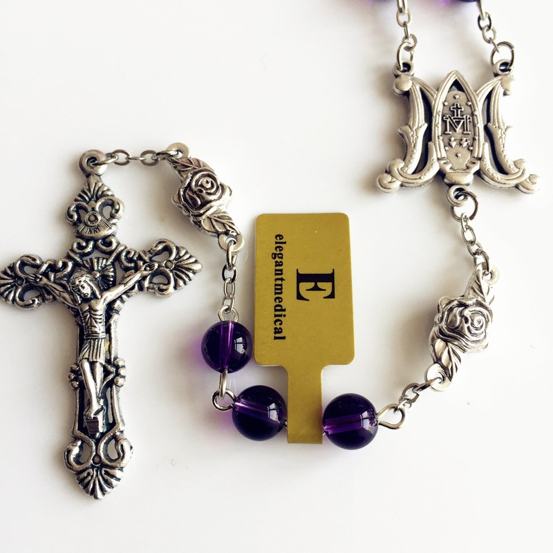 elegantmedical HANDMADE AMETHYST ROSE BEADS 5 DECADE ROSARY ITALY CROSS
