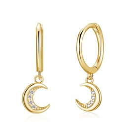 Dainty Moon Hoop Earrings with Dangle for Women, 18K Gold Plated 925 Sterling Silver Small Huggie Earring with Drop Charm for Everyday