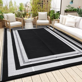 GlowSol Outdoor Rug 9x18 Waterproof Outdoor Plastic Straw Rug, Lightweight Portable Outside Solid Carpets Reversible Plastic Straw Patio Rug for RV Camping Picnic Beach Backyard Deck,Black