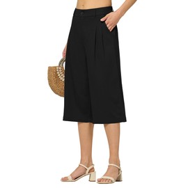 Willit Women's Linen Capri Pants Wide Leg Dress Casual Summer Pleated Capri High Waisted with Pockets 16" Black X-Large