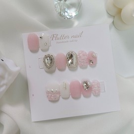 Pink Tweed Pearl Handmade Nail Tips - Long Square / 핑크 트위드 진주 수제네일팁 - 롱스퀘어