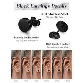 Kakonia Black Stud Earrings for Men Women Stainless Steel Mens Earrings Hypoallergenic Round CZ Square Black Earring Studs Set 6 Pairs 3mm-8mm-disc