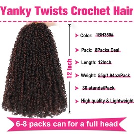 Unionbeauty Pre-twisted Yanky Twist Crochet Hair 12 Inch 8 PCS Pre-looped Micro Spring Twist Crochet Hair with Curly Ombre Brown Senegalese Hair Twist Synthetic Crochet Hair Extensions 1BH350#