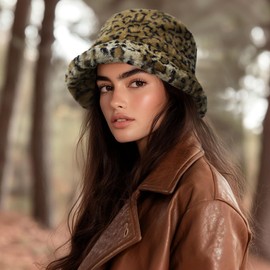 CLAPE Faux Fur Fishing Hat Women's Plush Bucket Hat Leopard Print Warm Winter Hat Leopard Bucket Hat Furry Fluffy Fishing Hat Leisure Hat, FHWP2401-Leopard Gray