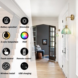 Battery Operated Wall Sconces Set Of Two, Indoor Not Hardwired Battery Wall Light With Remote Control, RGB Color Changing Dimmable Battery Powered Wall Lamp For Bedroom, Easy To Install, Bulb Included