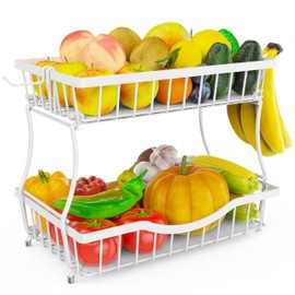 Zurklulu White 2 Tier Large Fruit Basket for Kitchen Counter with 2 Banana Hangers, Metal Fruit Bowl for Onion Vegetable Bread Snack, Countertop Organizer – 14.5" W x 9.5" D