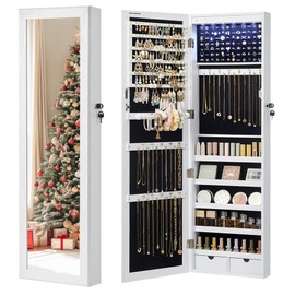 SONGMICS 6 LEDs Mirror Jewelry Cabinet, 47.2-Inch Tall Lockable Wall or Door Mounted Jewelry Armoire Organizer with Mirror, 2 Drawers, Christmas Gift, 3.9 x 14.6 x 47.2 Inches, White