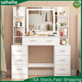 Yamissi Large Vanity Set Dressing Table with LED Lighted Mirror & 7 Drawers Makeup Desk