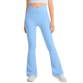 JOCMIC Girls Flare Leggings Kids Bell Bottom Cross High Waisted Dance Yoga Flared Pants Sky Blue 13-14 Years
