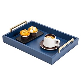 Decorative Coffee Table Ottoman Trays Farmhouse Wood Nesting Breakfast Serving Trays with Champagne Gold Handles -Drinks, Liquor Serving Platter--Can be Used to Hold Cheese Charcuterie Platter (Blue)