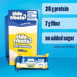 25g Protein Bar Crispy Rice Treat Vanilla | No Added Sugar, 7g Fiber, Gluten Free | High Protein Snack for On-the-Go, Post-Workout or Dessert Cravings | 8 Count | TideTreats