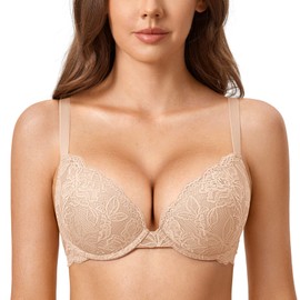 DOBREVA Women's Push-Up Bra with Lace, Padded, Plunge Underwire, Full Cup Bra, Moulded Cups, beige
