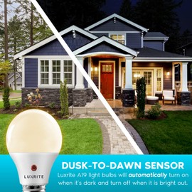 LUXRITE A19 LED Dusk to Dawn Light Bulbs Outdoor Lighting, 60 Watt Equivalent, Enclosed Fixture Rated, Automatic On Off Sensor, 3000K Soft White, 800 Lumens, Damp Rated, E26 Base (6 Pack)