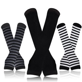 WLLHYF 2/3 Pairs Cashmere Feel Wrist Fingerless Gloves with Thumb Hole, Winter Knitted Fingerless Gloves, Arm Warmers, Fingerless Mittens for Men and Women, Black and white stripes + black grey