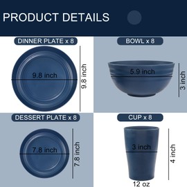 Supernal Wheat Straw Dinnerware Sets, Dinnerware Sets for 8, Plates and Bowls Sets, Reusable Dinnerware Set, Microwave Dishwasher Safe, Blue Plastic Dinnerware Sets 16pcs Plates, 8pcs Bowls, 8pcs Cups