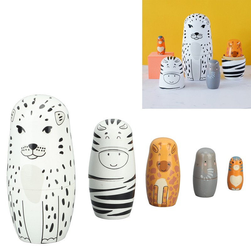 5Pcs Russian Nesting Dolls Hand Made Exquisite Wooden Animal Nesting