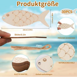 30 Pieces Wooden Fish Decor Cut-Outs, 10 x 3.5 cm Fish Wooden Figures for DIY Painting - Craft Set for Animal Decoration, Wall Decoration, Children's Painting