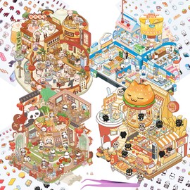 4 Sets DIY 3D Fun Big Size House Scene Stickers with Tweezer Make Your Own Pudding Burger Breakfast Shop Hot Pot Restaurant Sticker Scenes Cute Animal Micro Stickers for Relief Stress Pass The Time