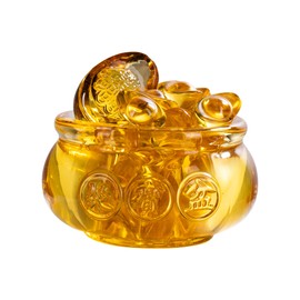 AOFEGRLT 3.15" Glass Wealth Bowl with 1 Large & 42 Small Ingots, Golden Treasure Basin Feng Shui Money Bowl for Home Office