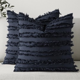 MIULEE Set of 2 Linen Throw Pillow Covers Decorative Boho Tassels Cushion Covers Farmhouse Accent Pillowcase with Fringe for Couch Sofa Bed Living Room 20x20 Inch Navy Blue