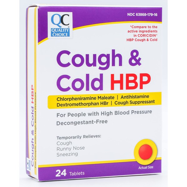 Quality Choice Cough & Cold HBP, High Blood Pressure Cough and Cold Relief Tablets, 24ct