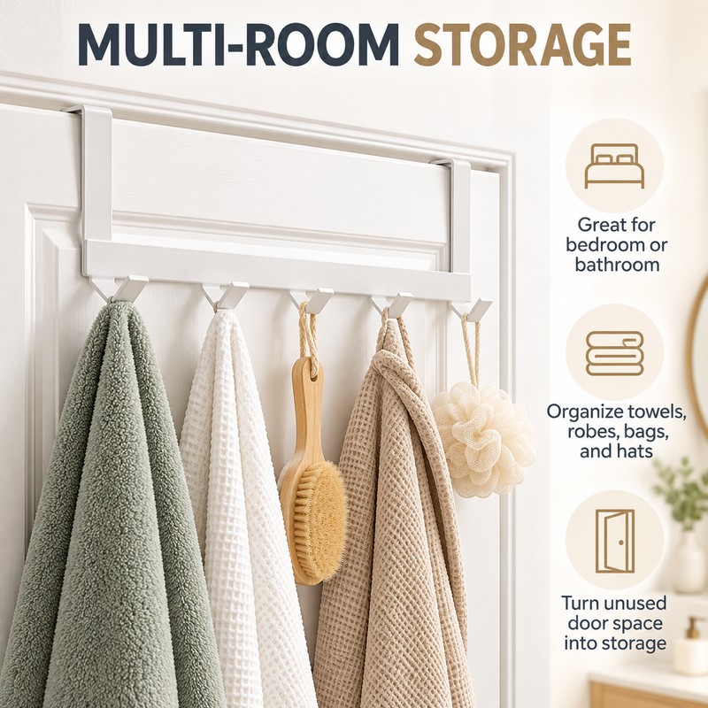 Over The Door Hook Hanger – 5-Hook Metal Door Organizer