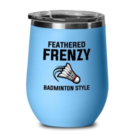 Badminton Blue Edition Wine Tumbler 12oz - Feathered frenzy badminton - Badminton Player Racket Sport Theme for Athlete Net Birdie Badmintonist Court Game