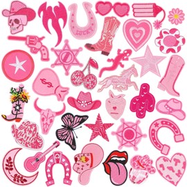 AUGSUN 36pcs Western Iron On Patches Random Assorted Styles Pink Theme Iron on Patches for Girls Western Cowgirl DIY Sew Applique Repair Patch Cute Sew on Patches for Clothing Jacket Jeans Pants Dress