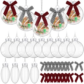 36Pcs Christmas Ornaments Plastic Discs Include 18Pcs 3.15 Inch Clear fillable Ornaments Balls with Silver Cap and 18Pcs Black White Red Buffalo Plaid Bows for Craft DIY Christmas Tree Wreath Decoration