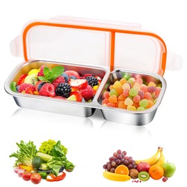 Encuryna Snack Box with 2 Compartments, Stainless Steel Snack Container with Compartments and Plastic Lid, Reusable, Food Storage, Lunch Box, Portable Snack Plates for School, Work