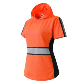 JKWEARSA Women Safety Shirt,High Vis Reflective Lady Shirt,Quick Dry Breathable T Shirt with Hooded for Work Warehouse(Orange L)