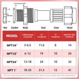 QCQIANG 2pcs NPT1/2" Stainless Steel Waterproof Cable Gland with Nut, Adjustable 8-12mm Cable Gland Protectors