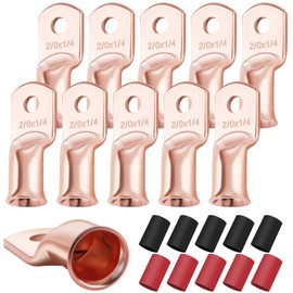 XHF 10PCS 2/0 AWG-1/4 Heavy Duty Battery Lugs with 3:1 Heat Shrink Tubing, Ring Terminals Battery Cable Ends Copper Eyelets Electrical Battery Connectors