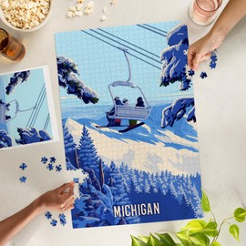 Lantern Press Michigan, Ski Lift Above The Trees, 1000 Piece Jigsaw Puzzle for Adults, Made in USA with Reference Poster