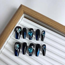 Yabonica Dark Blue Press On Nails Short Square- 10Pcs Reusable Pre Designed Press On Nails- Luxury Glue On Nail with Cute Design,Acrylic Stick On Nails for Women Girls Gift (080, M)